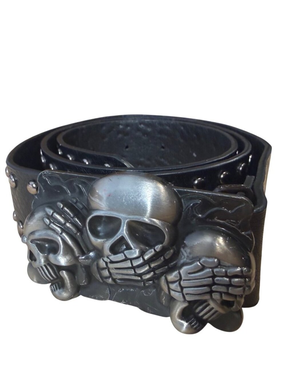 Unisex Leather Belt Size 42 Black Studded Three Wise Skulls Y2K Rocker Gothic